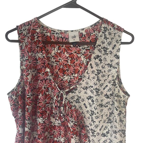 Cabi Women's Size Medium Floral Daisy Red Pink Ruffle Wrap Sleeveless Top - Picture 2 of 8